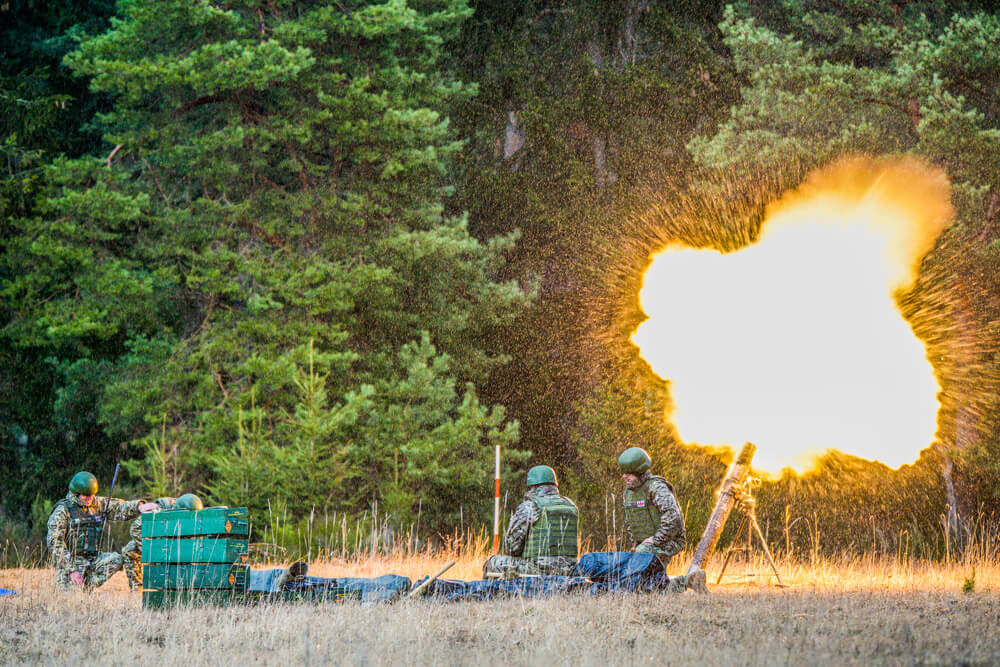 Georgian soldiers fire mortars during exercise Dynamic Front 19 at Grafenwoehr Training Area, March 2019. U.S. Army photo by SGT Christopher Stewart