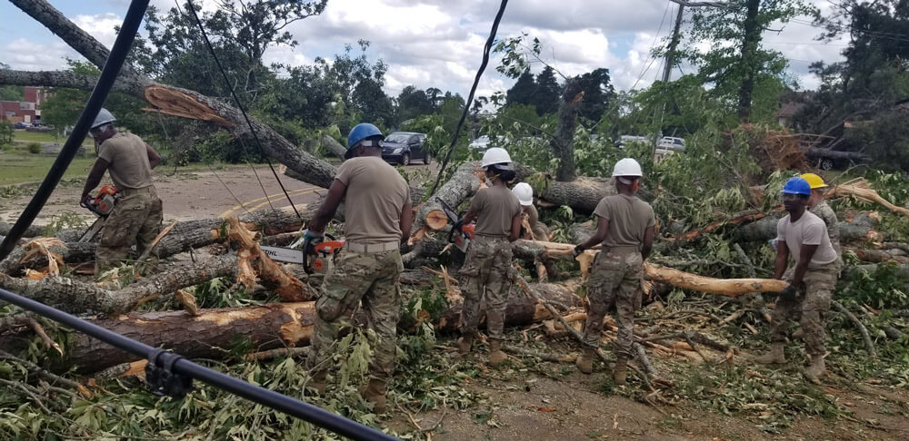 Louisiana Army National Soldiers with the 527th Engineer Battalion, clean debris after tornados touched down in Ruston, La., April 2019. Louisiana Army National Guard photo by SGT Daniel McWilliams