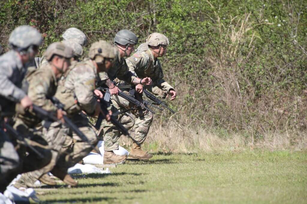 MSG Glenn Worley is quick off the start running to his shooting position during a combined arms event at the 48th Winston P. Wilson Rifle and Pistol Championships at the National Guard Marksmanship Training Center, Camp Robinson, Ark., April 9, 2019. Wyoming Army National Guard photo by SFC James McGuire