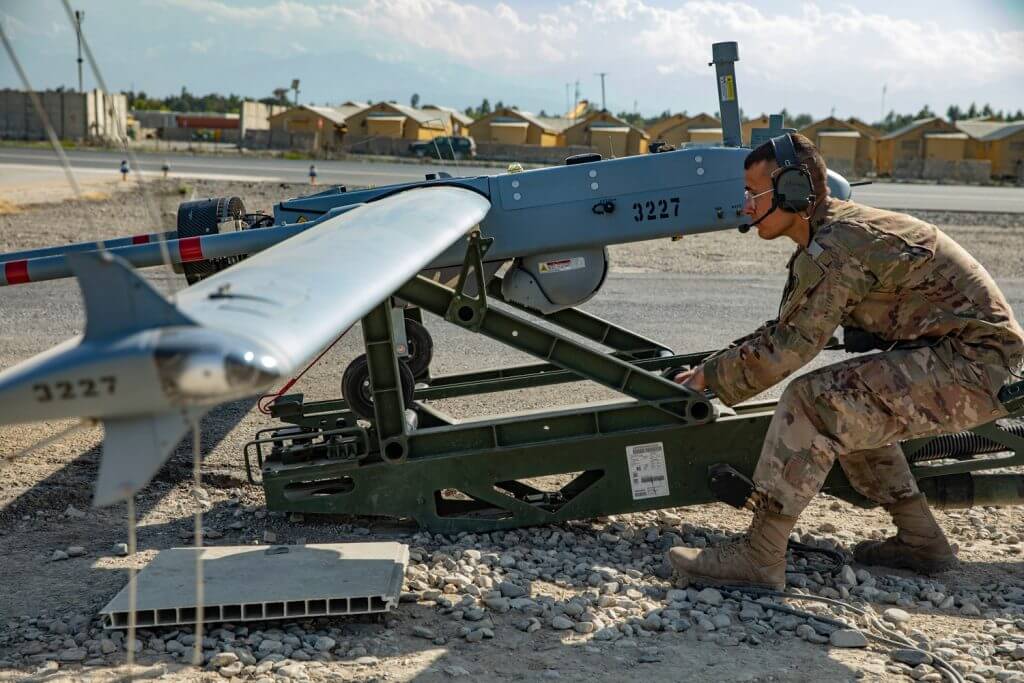 SPC Fernando Marzan, a 15E Unmanned Aerial System (UAS) maintainer with Detachment 1, D Company, 177th Brigade Engineer Battalion, 48th Infantry Brigade Combat Team, conducts preflight inspections on the RQ-7B Shadow UAS in eastern Afghanistan. The unit conducts 24-hour operations to keep visibility over Train Advise Assist Command – East. Georgia Army National Guard photo by SGT Jordan Trent