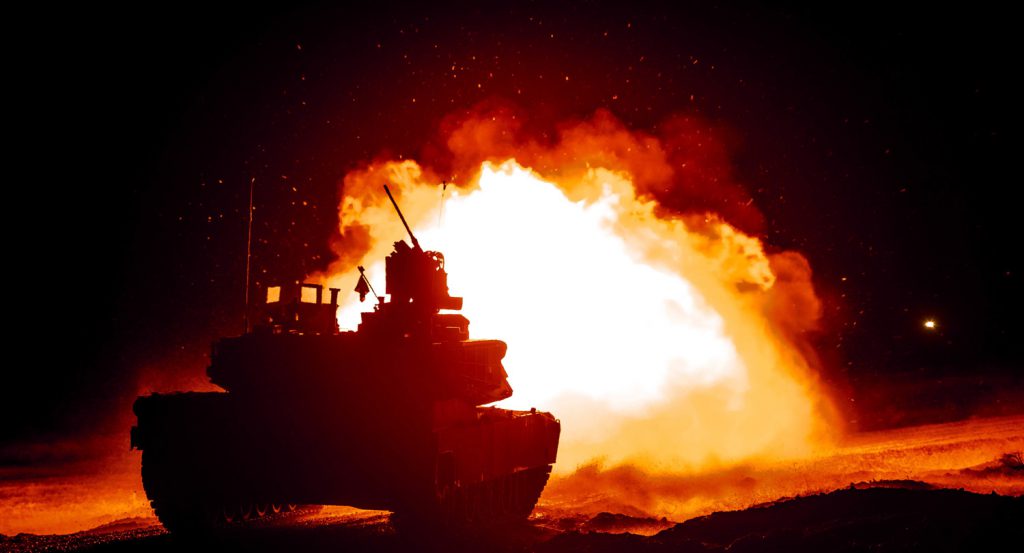 Bravo Company, 2nd Battalion, 116th Cavalry Regiment, conducts platoon live-fire gunnery qualification Feb. 14, 2019, at the Orchard Combat Training Center.The Idaho Army National Guard Soldiers are preparing for the 116th Cavalry Brigade Combat Team’s upcoming rotation at the National Training Center, Fort Irwin, Calif., later this year. Idaho Army National Guard photo by SGT Mason Cutrer